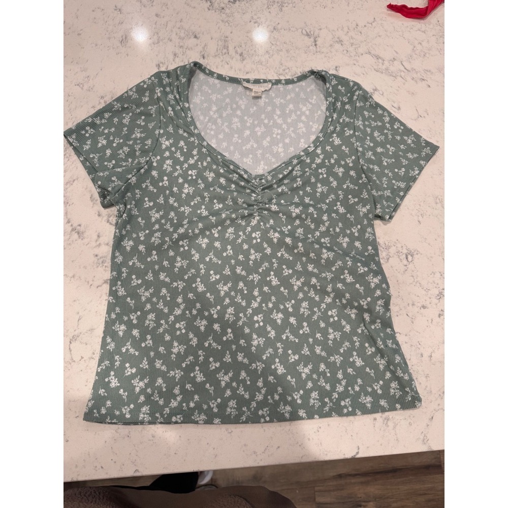See You Monday Sage Green Floral Ribbed Ruched Sweetheart Neck Top XL